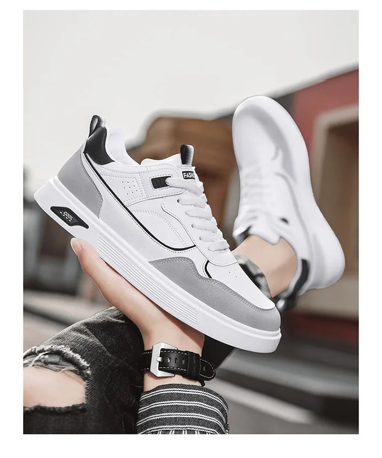 Men's new casual sports shoes leather spring and autumn lace-up white men's shoes vulcanized walking men's shoes