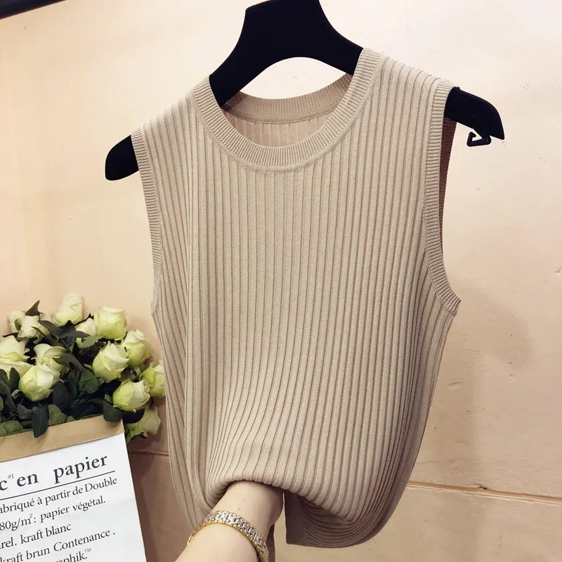 Summer Spring Tanks Top Women Sleeveless Knitted T-Shirts Female Elastic Slim Casual Vests Crop Tops Camis Pullover Shirts