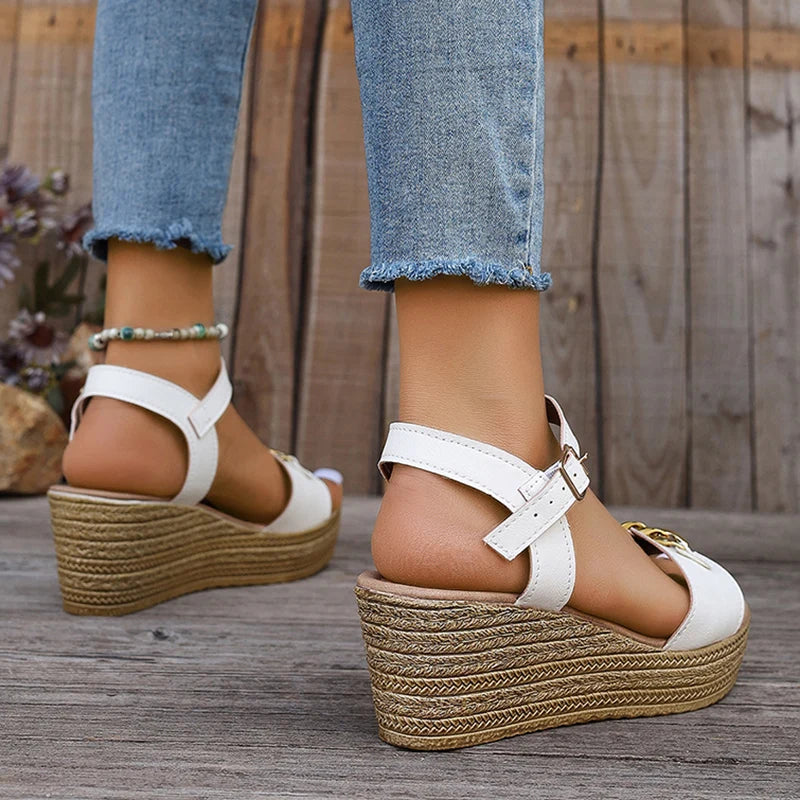 Golded Chain Decor Wedge Heels Sandals Women Ankle Buckle Strap Chunky Platform Sandals Woman Thick Bottom Comfort Summer Shoes