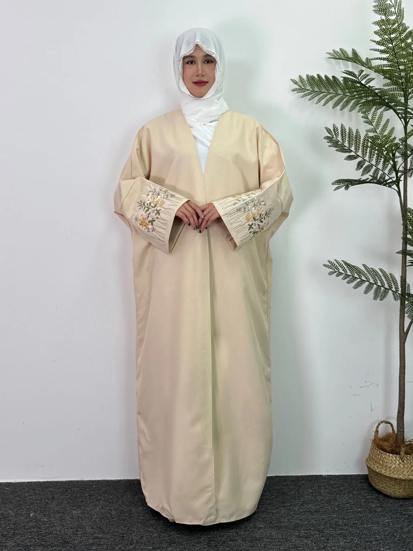 Embroidery Floral Open Front Abaya Women Maxi Length Dress Muslim Abayas Long Sleeve Kaftans Women Jilbabs Women's Clothing