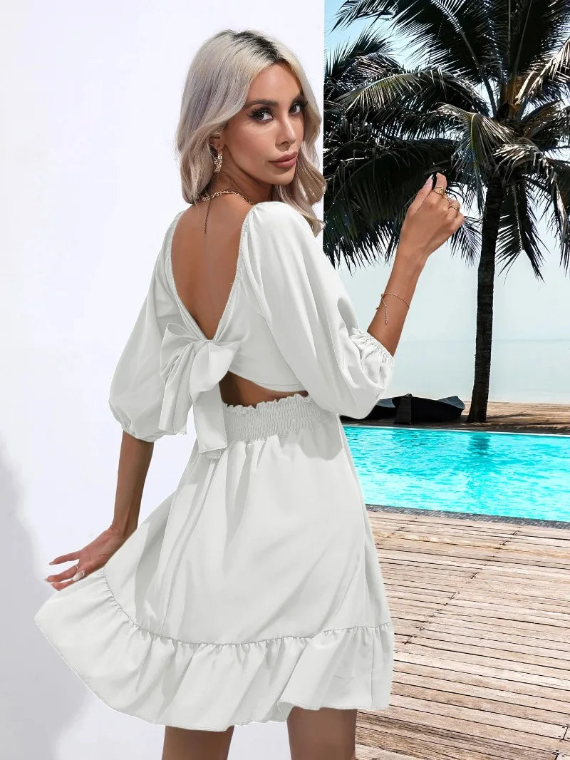 Summer Women Dresses Square Collar Bohemian RUFFLES Elastic Waist Above Knee Mini Dress Short Sleeves Pullover Mujer Vestidos