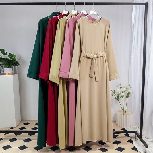 Muslim Abayas Women Kaftans Long Maxi Prayer Dress with Belt Full Sleeve Islamic Clothing Women Jilbabs Ramadan Dresses