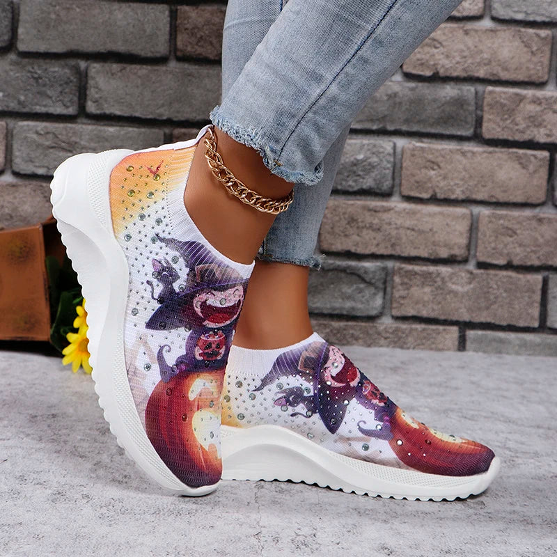 Shiny Crystal Halloween Print Flats Women 2024 Autumn Breathable Knitted Platform Sneakers Woman Soft Sole Non Slip Casual Shoes