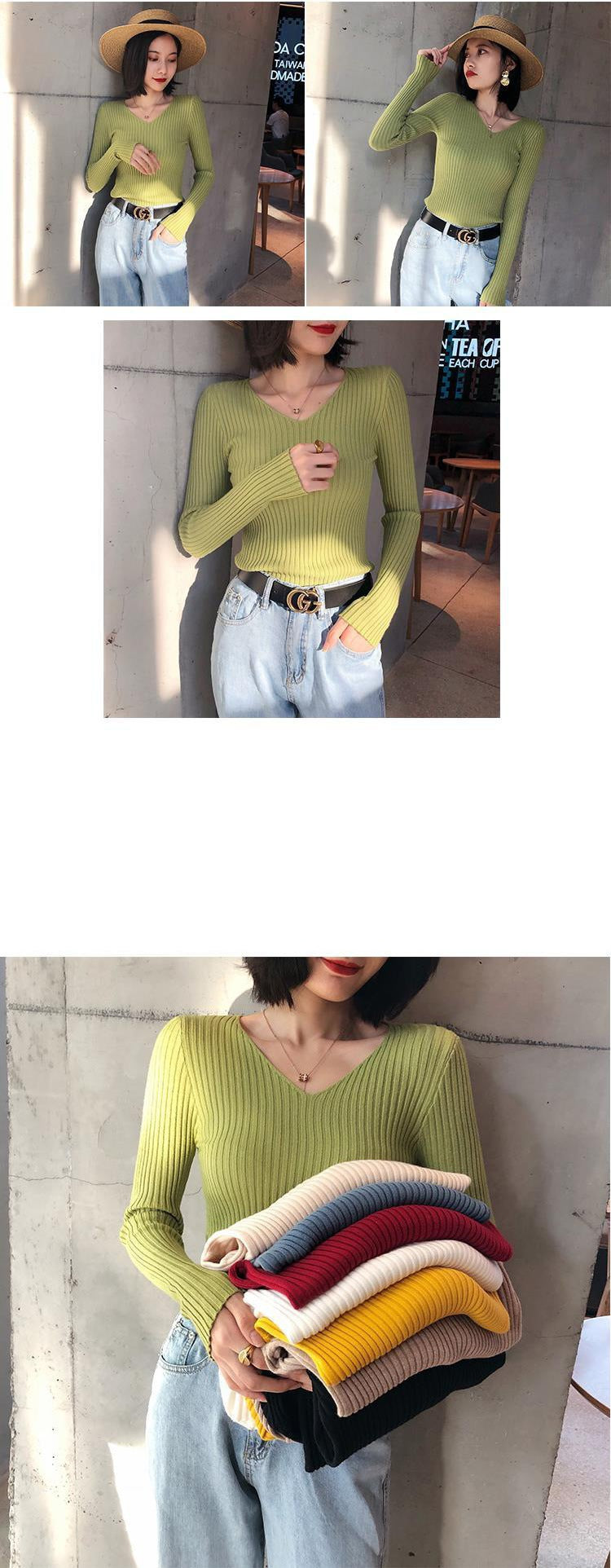 Autumn Fashion Female Long Sleeve V-neck Skinny Elastic Casual Sweater Women Knitted Shirts Pullover Top Women's Sweaters