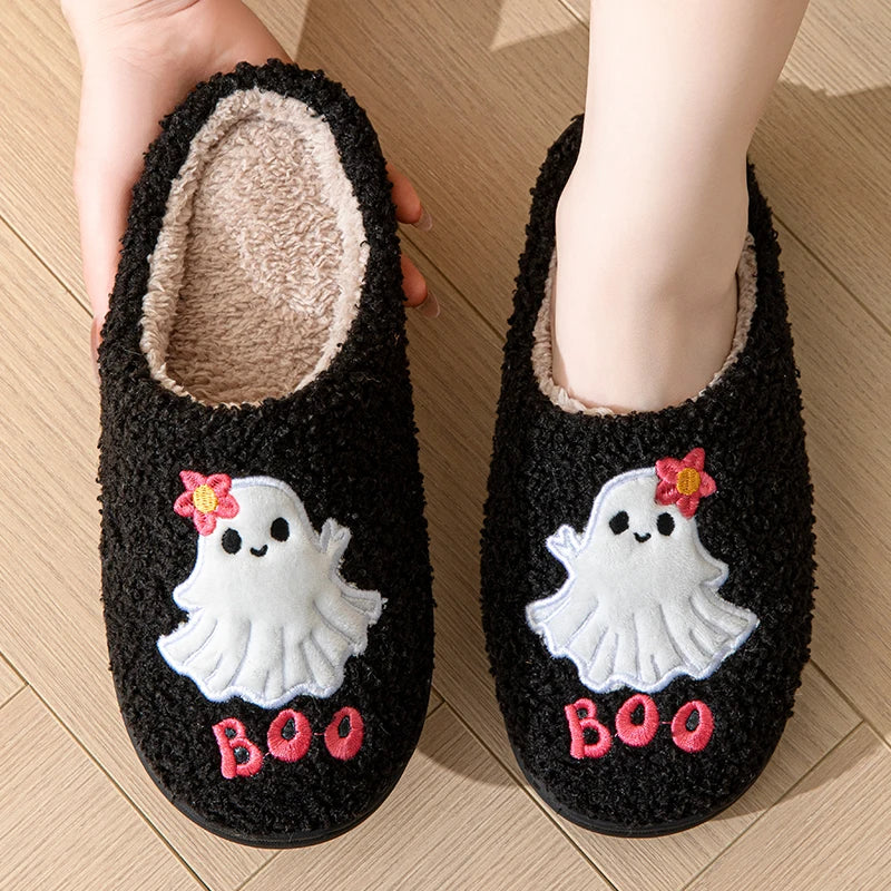 Halloween Cartoon Cotton Slippers Women 2024 Winter Warm Fluffy Fur Home Shoes Woman Flat Heels Indoor Bedroom Plush Slippers