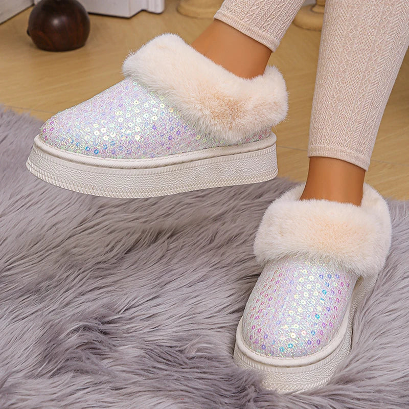 Shiny Silver Sequin Snow Boots Women 2024 Winter Warm Thicken Plush Platform Ankle Boots Woman Thick Bottom Cotton Padded Shoes