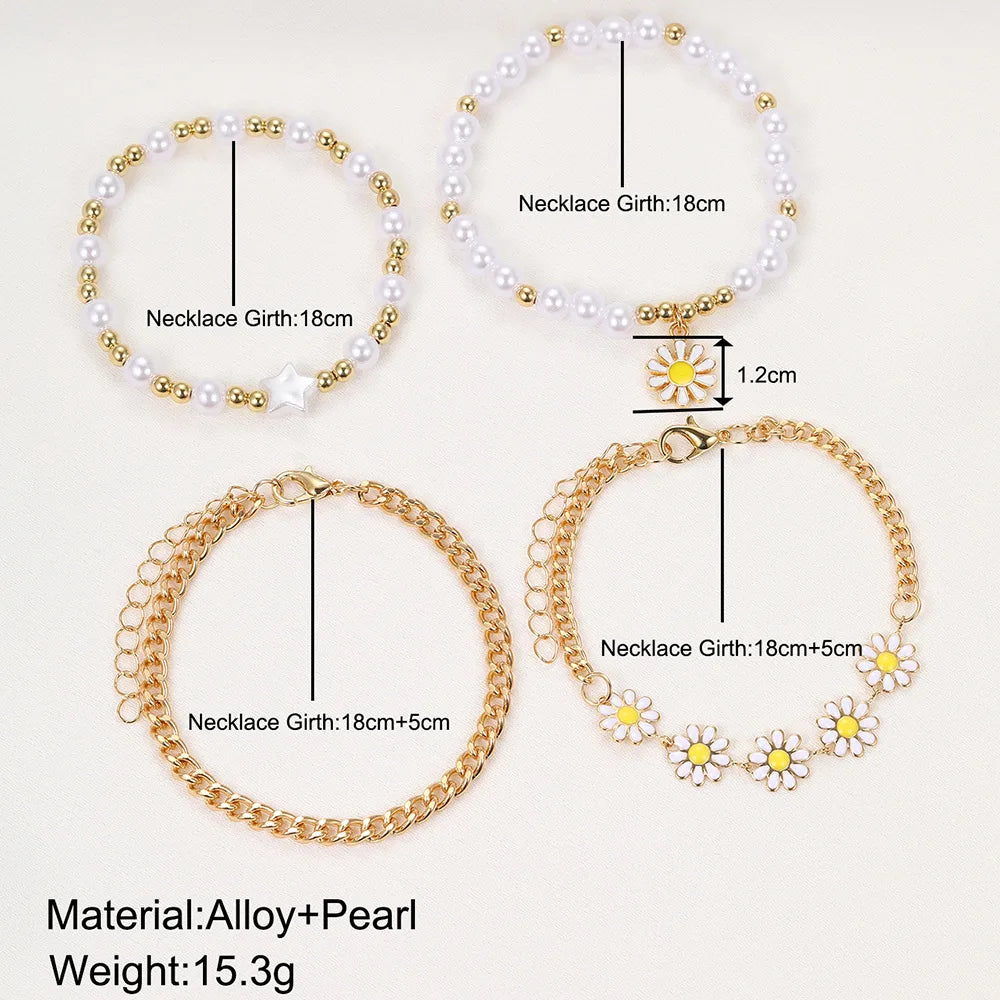 Elegant 4pc Daisy & Imitation Pearl Bracelet Set - Cute Zinc Alloy Jewelry for Stylish Girls, Ideal Gift