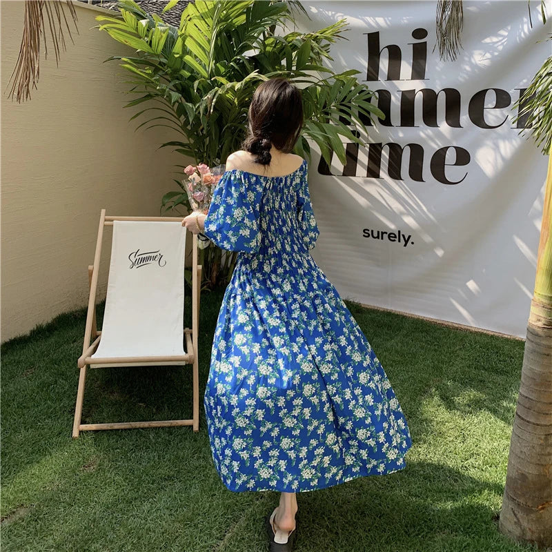 Spring Summer Dress Women Casual Dresses Off Shoulder Fashion Female Vestidos Short Sleeve Printed Floral V-neck A-line Dresses