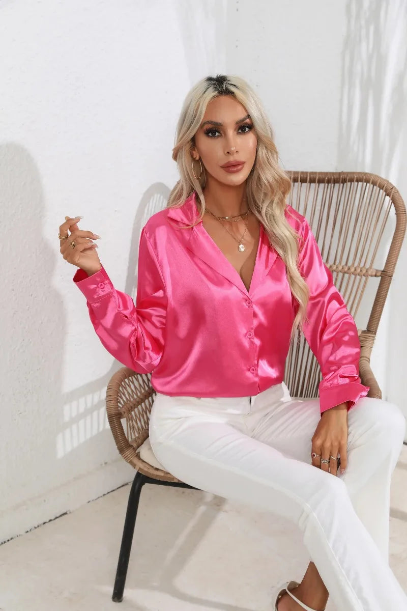 2024 Spring Summer Women Shirts Office Lady Woman Long Sleeve Satin Turn-down Collar Blouse with Single Breasted Female Blouses