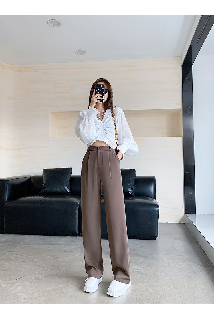 Women High Waist Floor-Length Suits Pants Autumn Winter White Loose Wide Leg Pants Female Office Ladies Straight Long Trousers