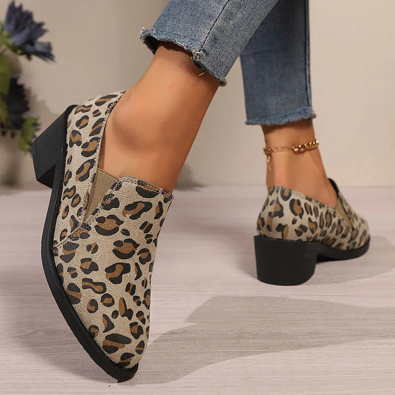 Sexy Leopard High Heels Loafers Woman 2024 Autumn Pointed Toe Thick Heeled Pumps Woman Plus Size 43 Slip On Casual Shoes Mujer