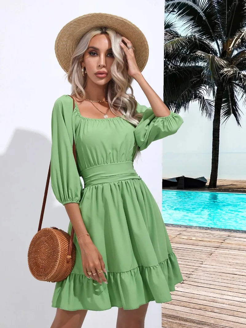 Summer Women Dresses Square Collar Bohemian RUFFLES Elastic Waist Above Knee Mini Dress Short Sleeves Pullover Mujer Vestidos