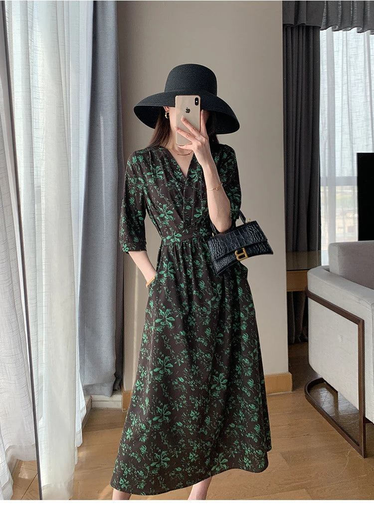 Spring Summer Printed Floral Dress Women Casual Dresses Fashion Female Vestidos Short Sleeve Vintage V-neck A-line Dresses