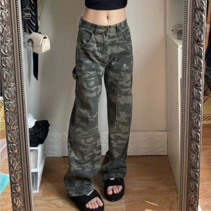 Autumn Spring Camouflage Jeans Women Denim Pants Vintage High Waist Straight Trousers Fashion Female Loose Casual Wide Leg Pants