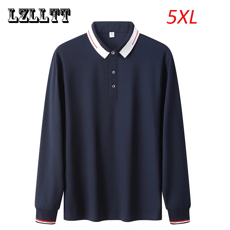 Spring Autumn Men Long Sleeve Polo Shirt Streetwear Mens Casual Solid Polo Fashion Sportswear Men Top Clothes Male Plus Size 5XL