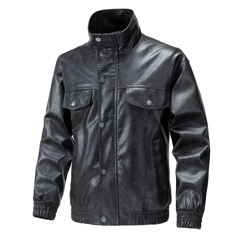 Autumn Men Motorcycle Biker Stand Collar Leather Jacket Men Vintage Outwear Leather Jacket Man Casual Bomber Leather Windbreaker