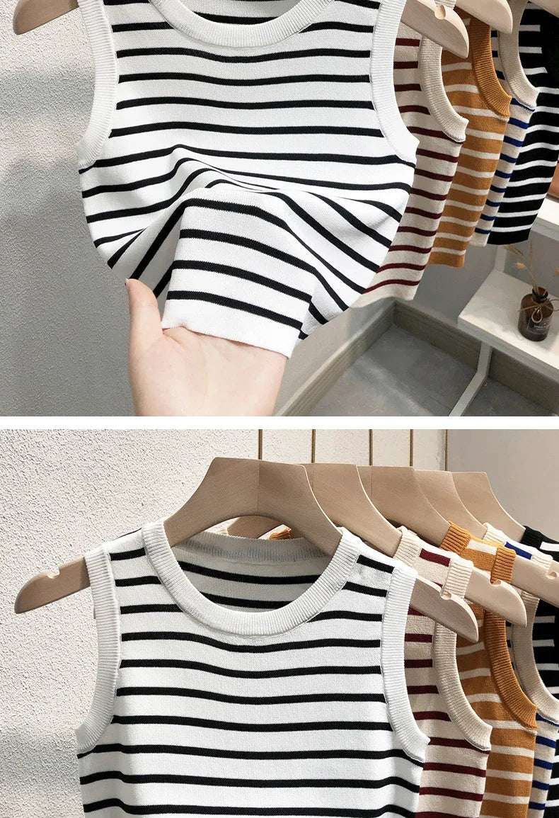 Summer Spring Striped Tank Tops Women Sleeveless Knitted T-Shirts Crop Tops Female Elastic Slim Casual Vests Pullover Camis