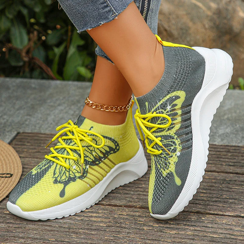 Butterfly Printed Knitted Sneakers Women Lightweight Anti-Slip Breathable Casual Shoes Woman 2024 Fashion Lace Up Tennis Shoes