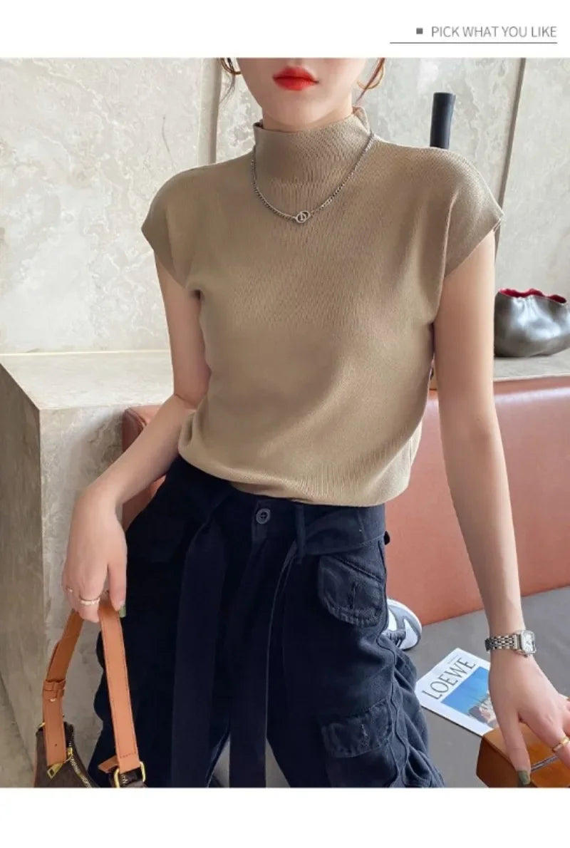 Summer Spring Tank Tops Women Sleeveless Knitted T-Shirts Female High Elastic Slim Casual Kniting T-Shirts Crop Tops Shirts