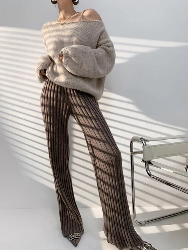 Autumn Winter Thick Knitted Pant Women Wide Leng Pants Fashion Straight Trousers Elastic Casual Knit Pants Striped Pantalon