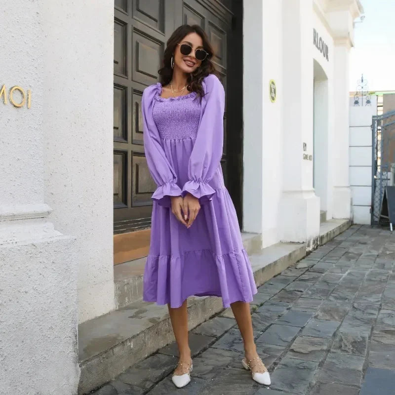 Spring Autumn Pleated Square Neck Women Dresses Vintage Loose Puff Long Sleeve Woman Dress Solid Ruffle Loose Mujer Vestidos