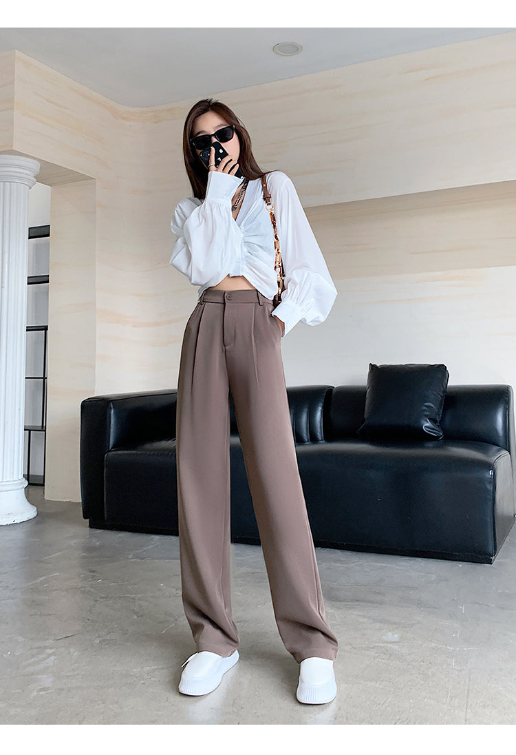 Women High Waist Floor-Length Suits Pants Autumn Winter White Loose Wide Leg Pants Female Office Ladies Straight Long Trousers