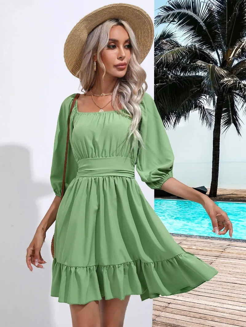 Summer Women Dresses Square Collar Bohemian RUFFLES Elastic Waist Above Knee Mini Dress Short Sleeves Pullover Mujer Vestidos