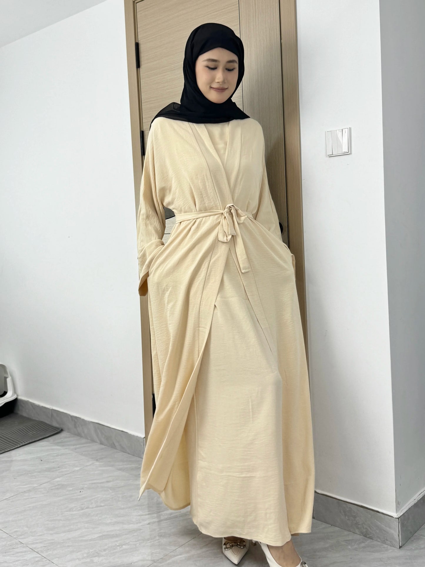 Women Open Front Abaya Muslim Sets Muslim Jilbab Loose Cardigan Coat Sleeveless Inner Dress Two Pieces Prayer Clothing with Belt