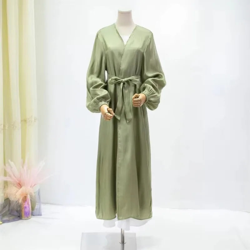 Kaftan Muslim Abayas Women's Islamic Clothing Long Sleeve Open Front Abaya With Belt Maxi Dress Women Jilbabs Dubai Robe Caftan