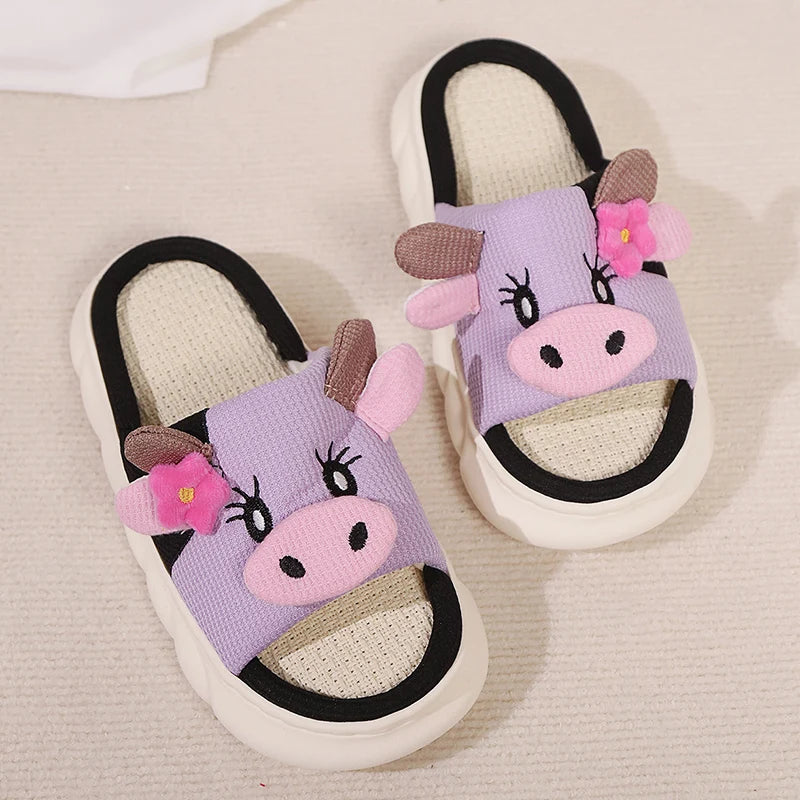 Cute Cow Thick Bottom Linen Slippers Women 2024 Winter Comfort Home Cotton Slippers Woman Flat Heels Non Slip Indoor Shoes Slide