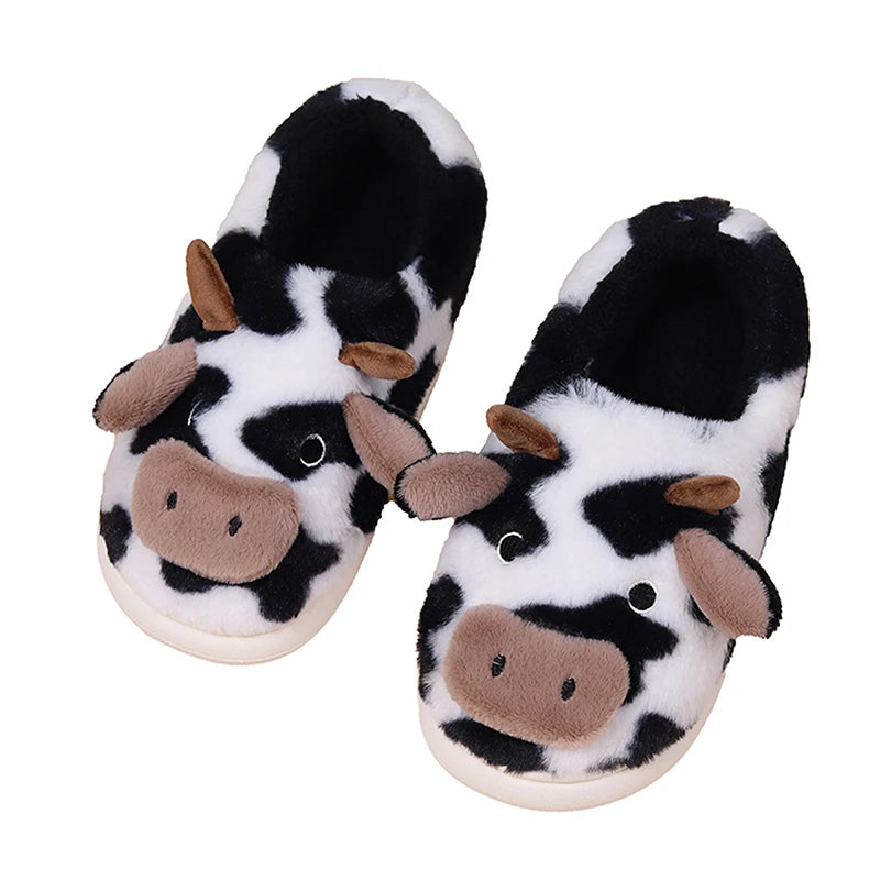 Cute Cartoon Cow Fluffy Fur Slippers Women 2024 Winter Non Slip Flat Heels Home Slippers Woman Non Slip Indoor Cotton Slides