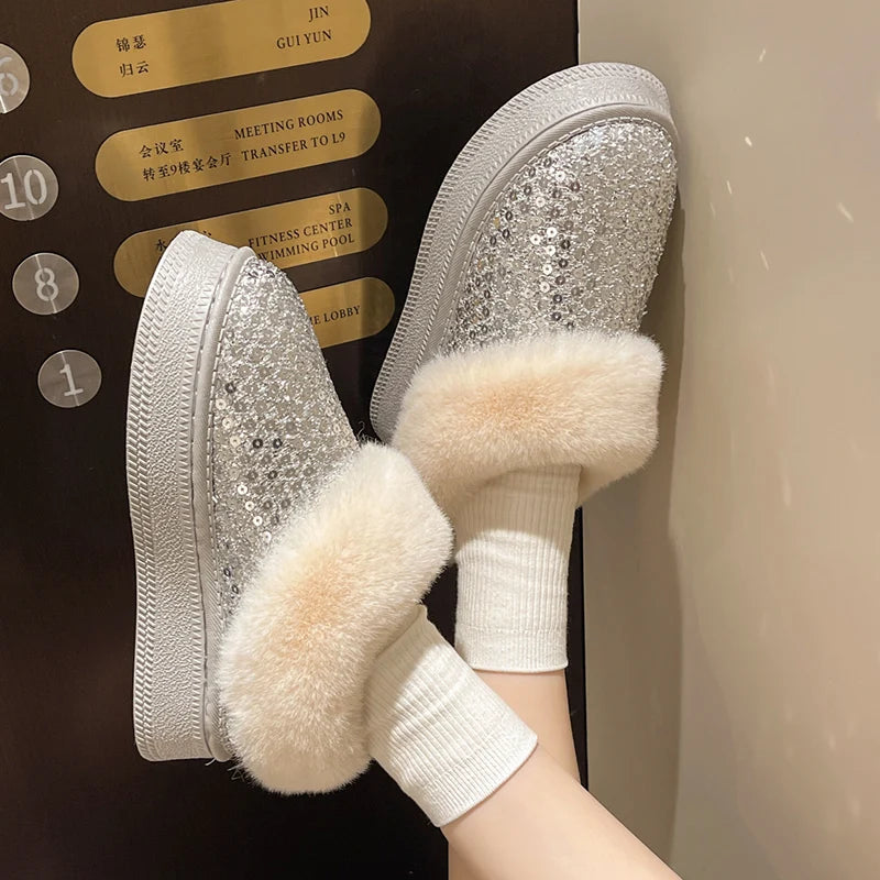 Shiny Sequins Winter Platform Ankle Boots Women 2024 Warm Thicken Plush Snow Boots Woman Non Slip Flat Heels Cotton Padded Shoes