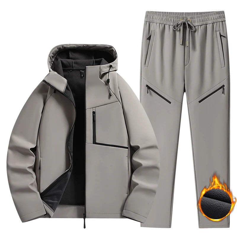 Winter Men Outdoor Fleece Sport Suits Tracksuit Men Sportswear Thick Hike Sets Male Joggers Hooded Suit 2 Pieces Jacket Pant 6XL