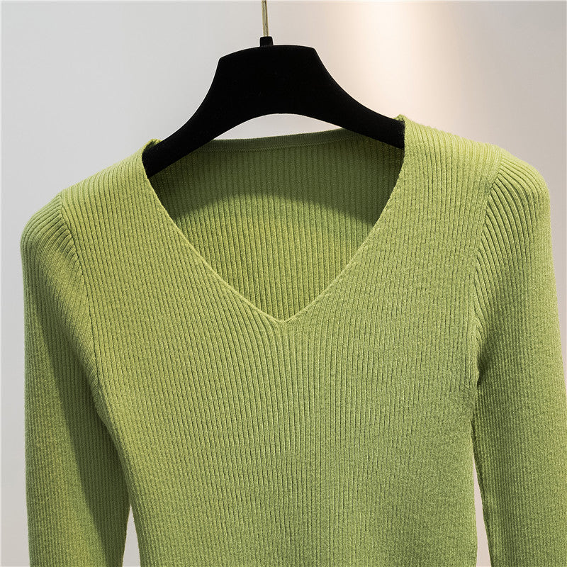 Women Knitted Shirts Fashion Female Autumn Winter Long Sleeve V-neck Skinny Elastic Casual Thin Sweater Pullover Tops Knitwear