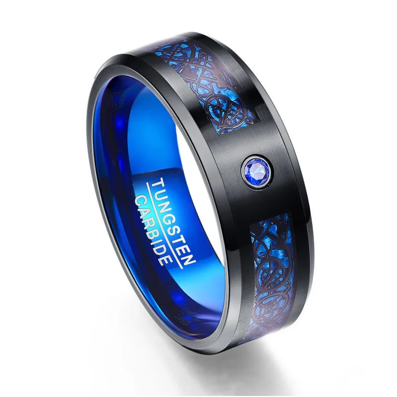 Fashion 8mm Men Blue  Beveled Edge Stainless Steel Celtic Dragon Ring Zircon Inlay Red Carbon Fibre Ring Men Wedding Band