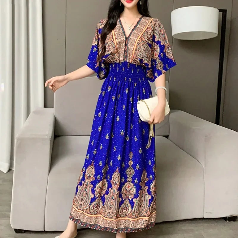 Summer Spring Short Sleeve Maxi Dress Women Dresses V-neck Fashion Female Vintage Print Floral Poplin Bohemian Beach Dresses