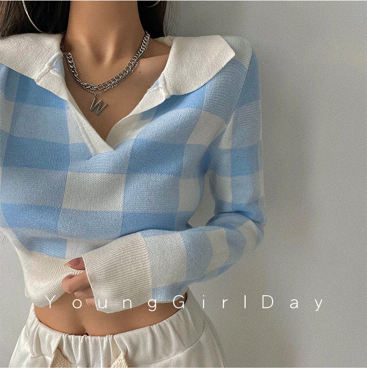 Autumn Winter Vintage Knitwear Crop Tops Women Pullover Sweaters Fashion Female Long Sleeve Elastic Casual Plaid Knitted Shirts