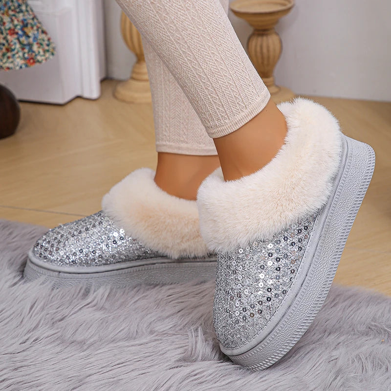 Shiny Silver Sequin Snow Boots Women 2024 Winter Warm Thicken Plush Platform Ankle Boots Woman Thick Bottom Cotton Padded Shoes