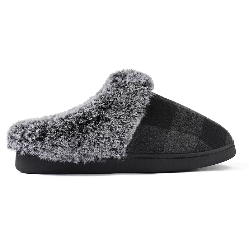 Plaid Thicken Plush Fur Slippers Women 2024 Winter Closed Toe Couple Home Slippers Woman Comfort Soft Sole House Shoes Slides