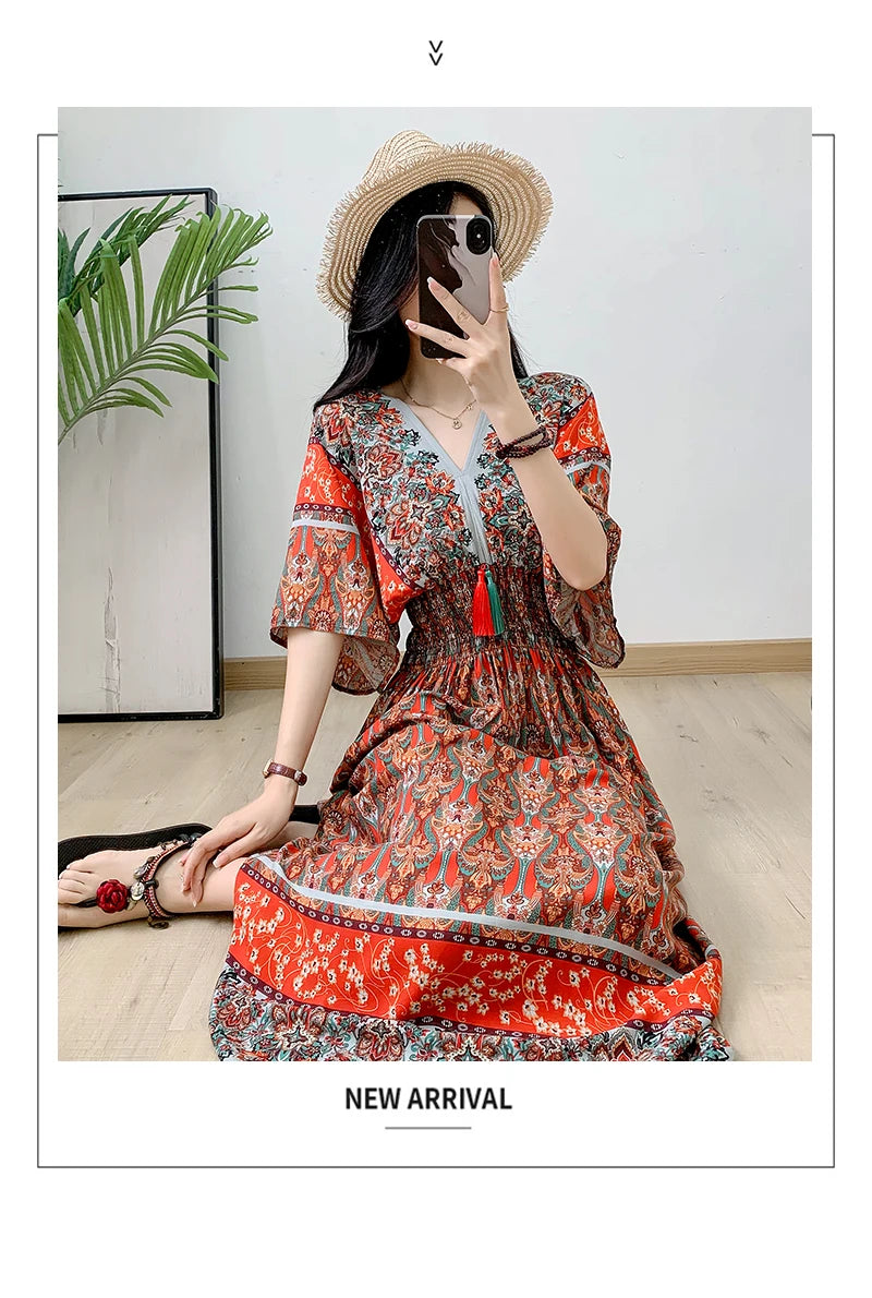 Print Floral Short Sleeve Maxi Dress Women Dresses Summer Spring V-neck Fashion Female Vintage Poplin Bohemian Beach Dresses