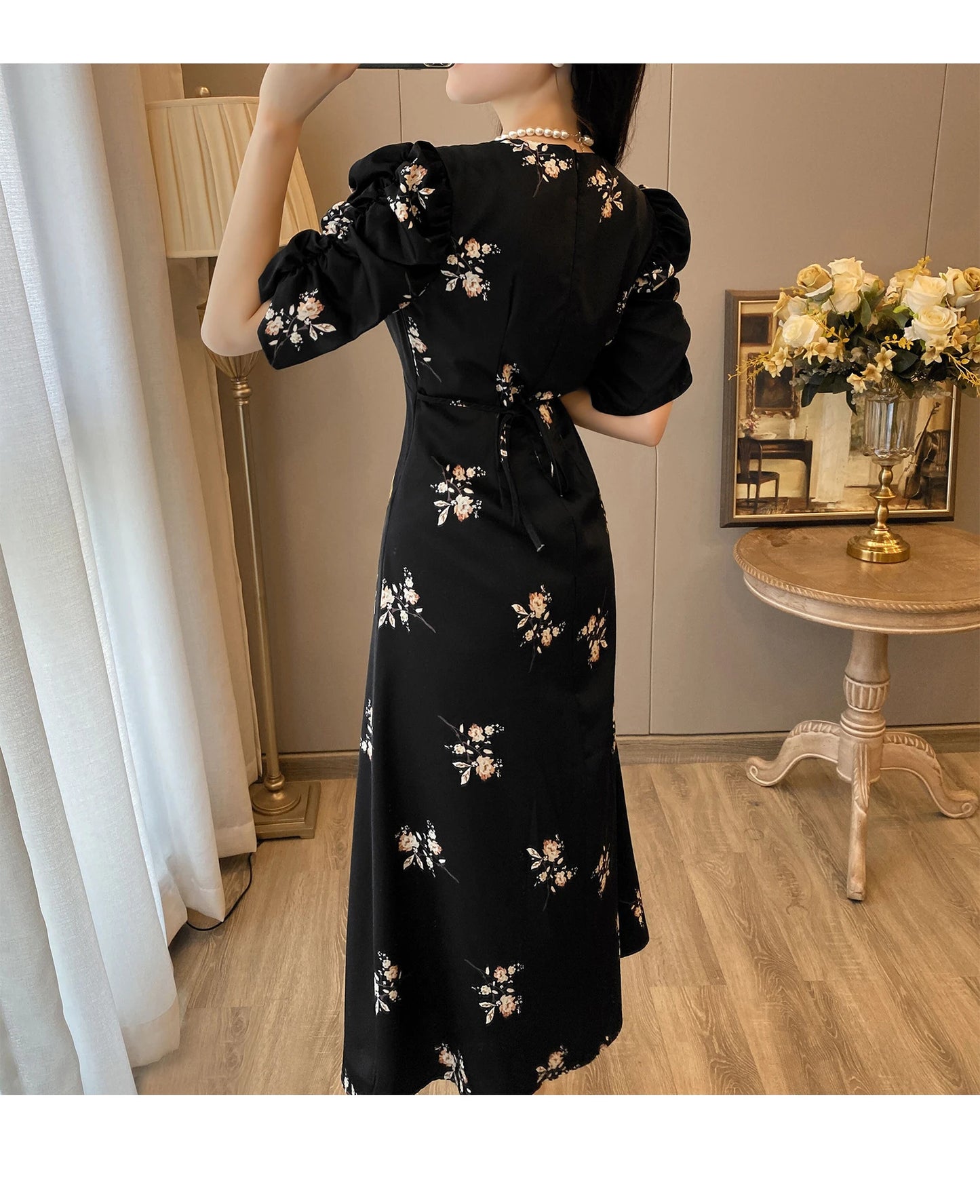 Spring Summer Chiffon Dress Women Casual Dresses Fashion Female Printed Floral V-neck Short Sleeve A-line Dresses Vestidos