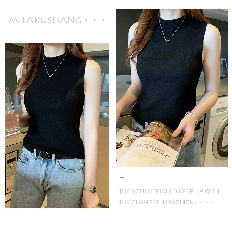 Women's T-Shirts Spring Summer Women Knitted Tank Sleeveless Shirts Tops Female High Elastic Slim Casual Knit T-Shirts Crop Tops