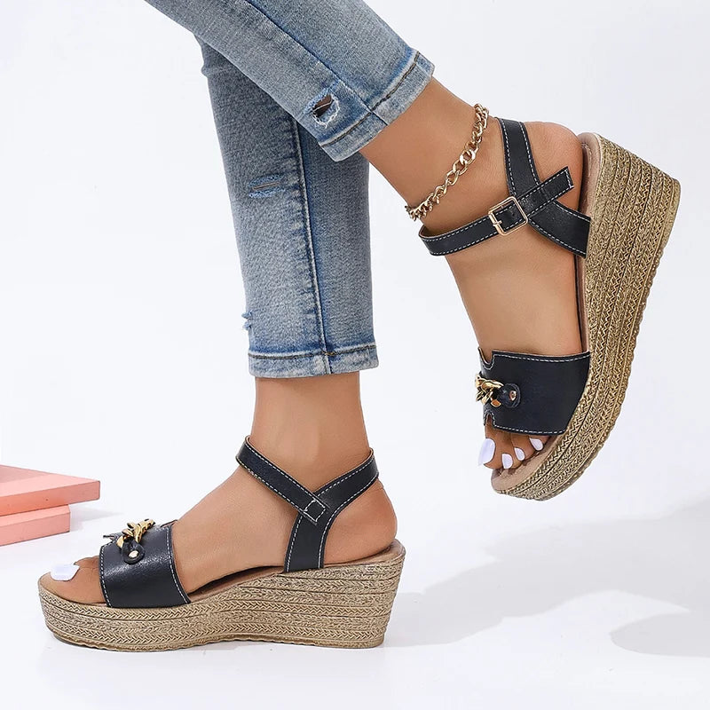 Golded Chain Decor Wedge Heels Sandals Women Ankle Buckle Strap Chunky Platform Sandals Woman Thick Bottom Comfort Summer Shoes