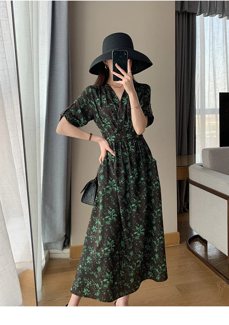 Spring Summer Printed Floral Dress Women Casual Dresses Fashion Female Vestidos Short Sleeve Vintage V-neck A-line Dresses