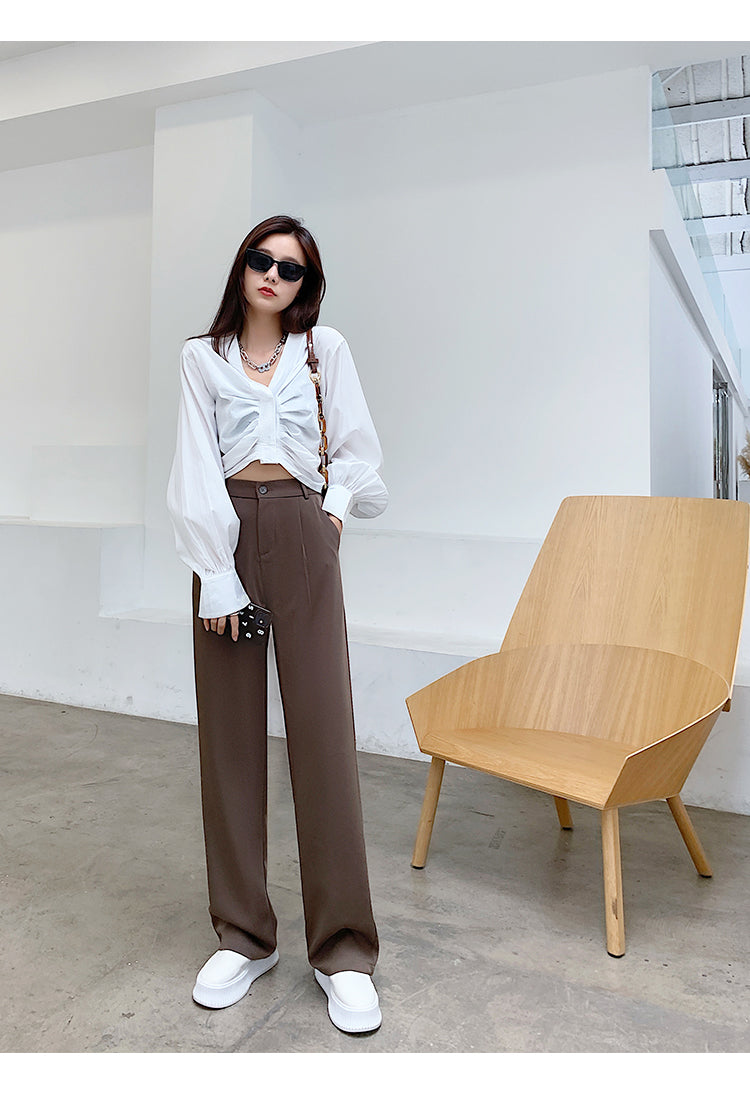 Women High Waist Floor-Length Suits Pants Autumn Winter White Loose Wide Leg Pants Female Office Ladies Straight Long Trousers