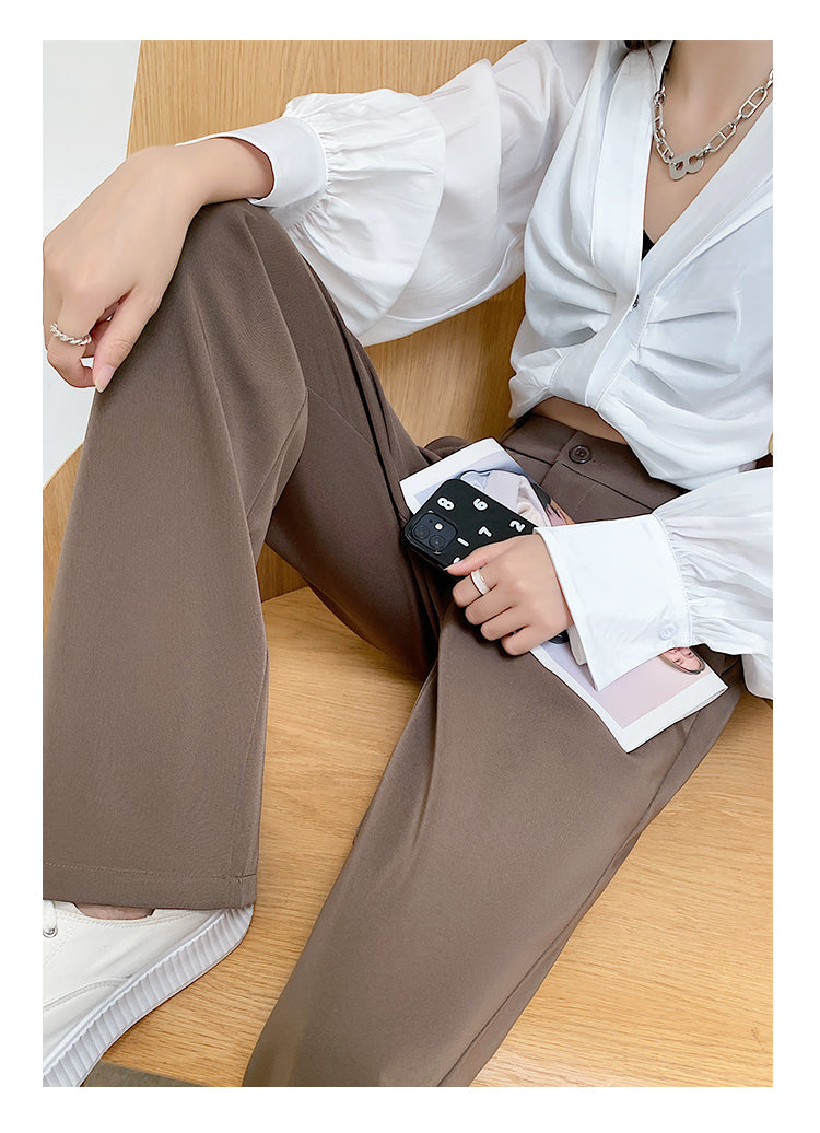 Women High Waist Floor-Length Suits Pants Autumn Winter White Loose Wide Leg Pants Female Office Ladies Straight Long Trousers