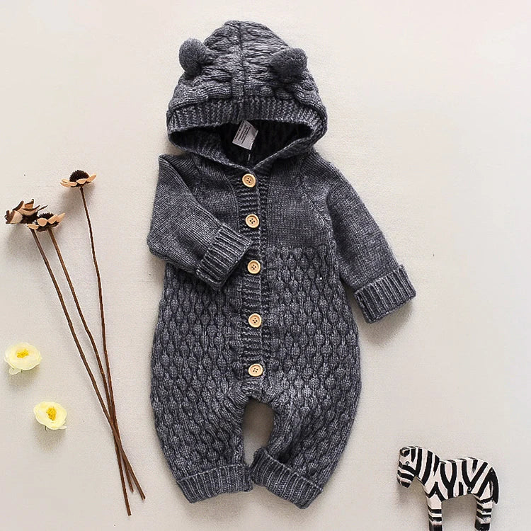 Long Sleeve Hooded Newborn Baby Clothes Knitted Romper Fashoin Solid Color Baby Girl Clothes Winter Warm Infant Clothing