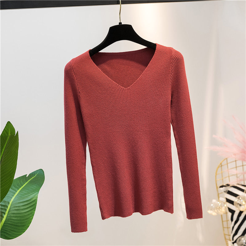 Women Knitted Shirts Fashion Female Autumn Winter Long Sleeve V-neck Skinny Elastic Casual Thin Sweater Pullover Tops Knitwear