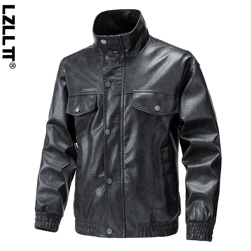 Autumn Men Motorcycle Biker Stand Collar Leather Jacket Men Vintage Outwear Leather Jacket Man Casual Bomber Leather Windbreaker