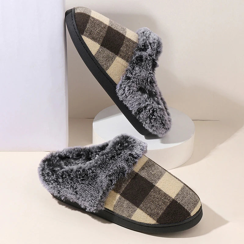 Plaid Thicken Plush Fur Slippers Women 2024 Winter Closed Toe Couple Home Slippers Woman Comfort Soft Sole House Shoes Slides